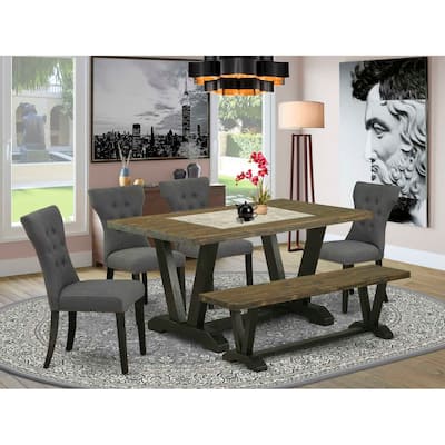 HomeStock 6-Pc Rectangle Natural Oak Finish Solid Wood Top Dining Table with 1-Bench, 4-Chairs