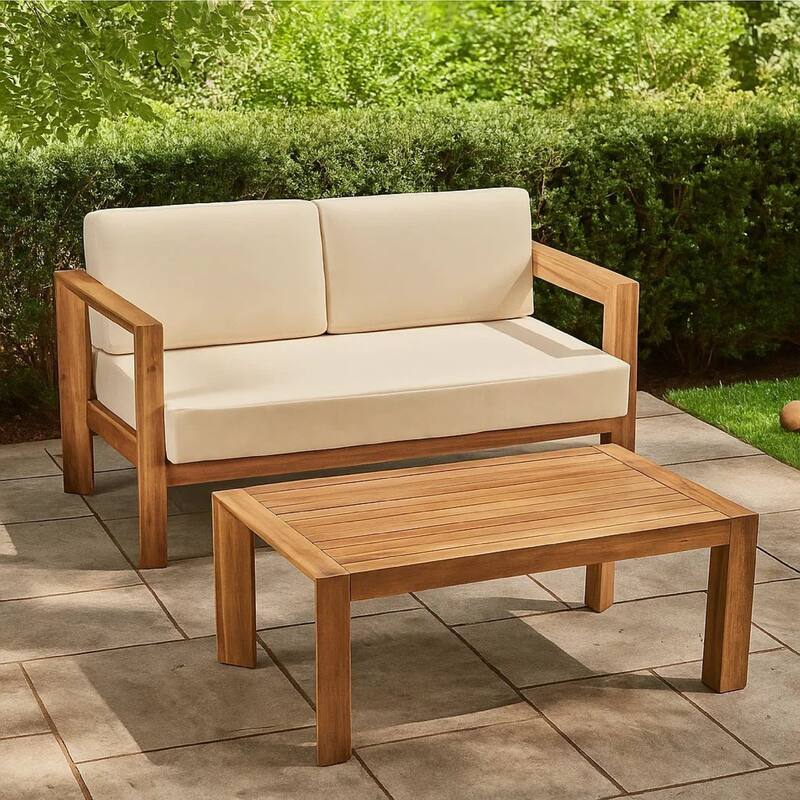 Outdoor Loveseat and Coffee Table Set, Beige Fabric, Brown Acacia Wood
