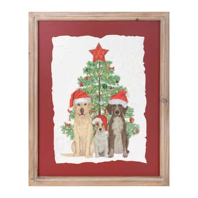 Holiday Dog Print Wall Art with Santa Hats and Christmas Tree Rustic Wood Red Matte Frame Decor - 11.5”L x 0.5”W x 15”H