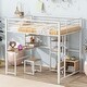 preview thumbnail 2 of 18, Full Size Loft Bed with Desk and Stool, Metal Loft Bed with Open-Style Wardrobe, Kid's Bed with Shelves and Cabinet, White