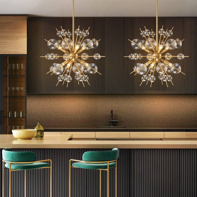 6-Light Mid-Century Modern Gold Linear Sputnik Textured Clear Glass Globe Bubble Chandelier for Dining Room