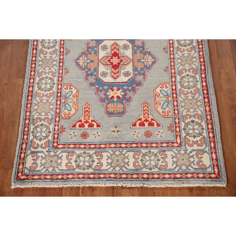 Geometric Kazak Oriental Accent Rug Hand-Knotted Blue Wool Carpet - 3'5"x 4'10"