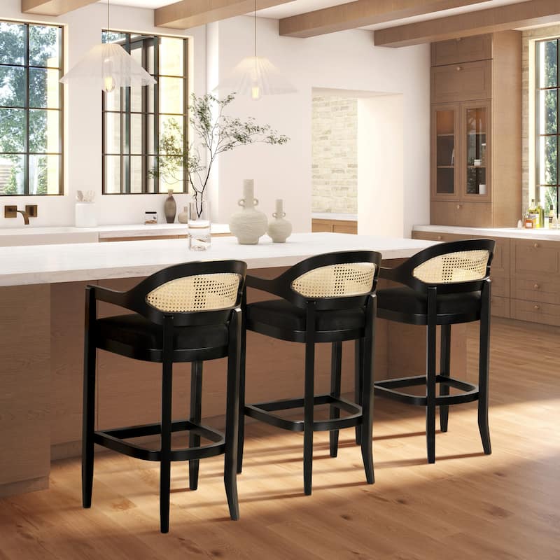 Americana Mid-Century Modern Rattan Cane Back Counter and Bar Stool - Set of 3 - Jet Black Polyester - Bar Height