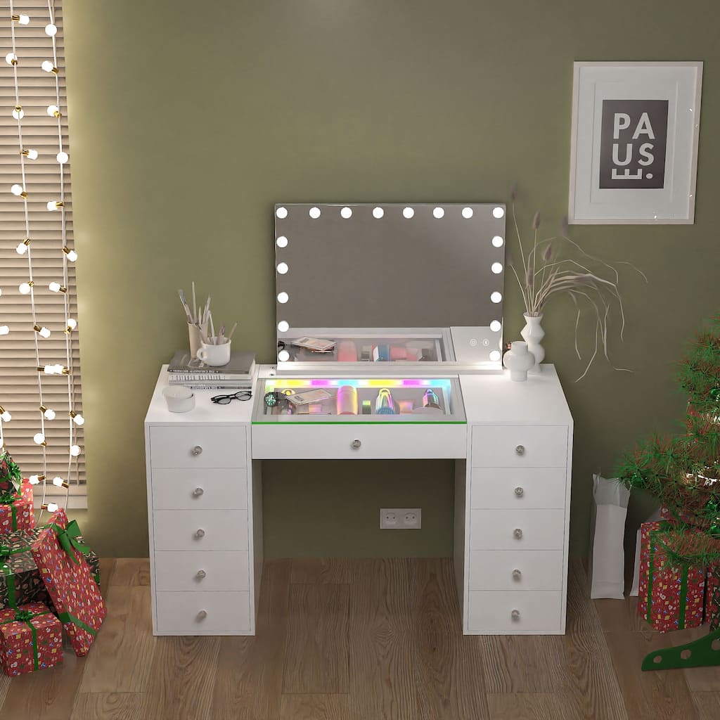 Bedroom Vanity Desk with RGB LED Light Strip, Glass Top Makeup Dressing Table with 11 Drawers