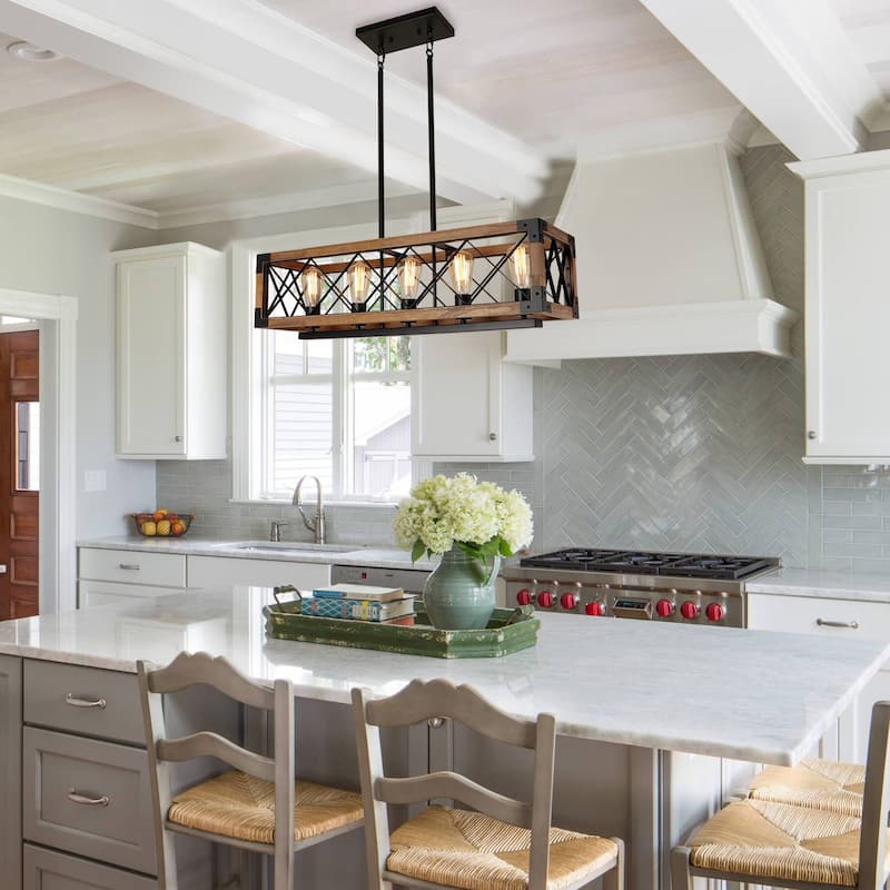 Modern Farmhouse 5-Light Wood Rectangle Chandelier Cage Island Lights for Dining Room - 31.6"L x 10" W x 7.8" H