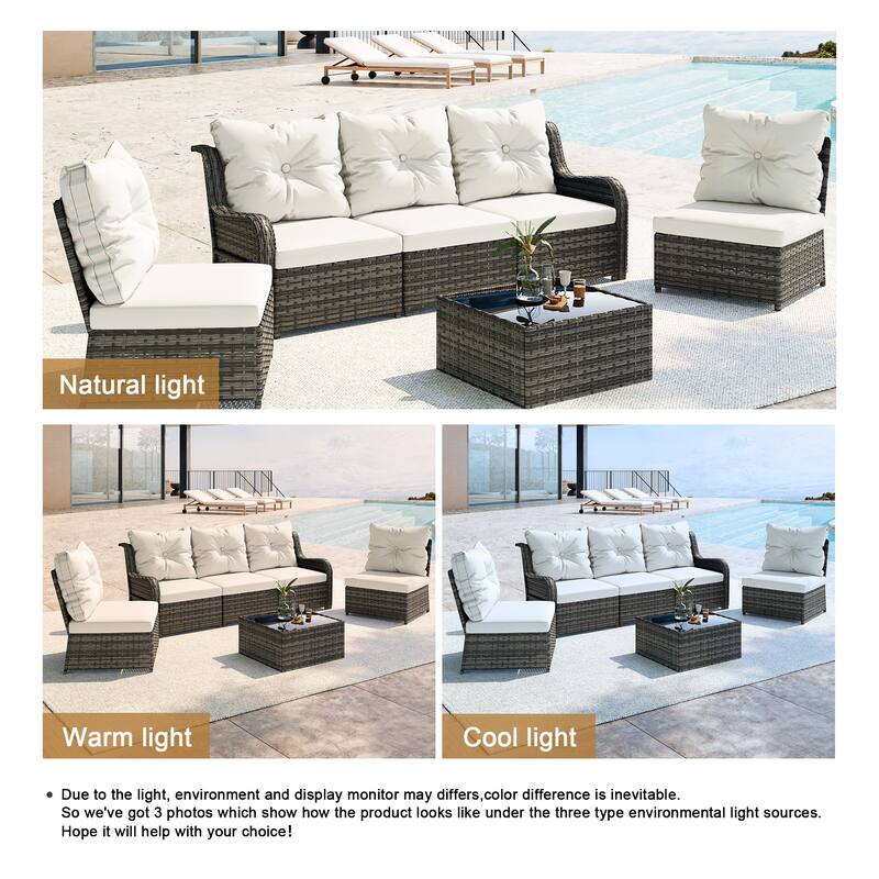 5-Person Outdoor Wicker Patio Conversation Sets with Table and Cushion