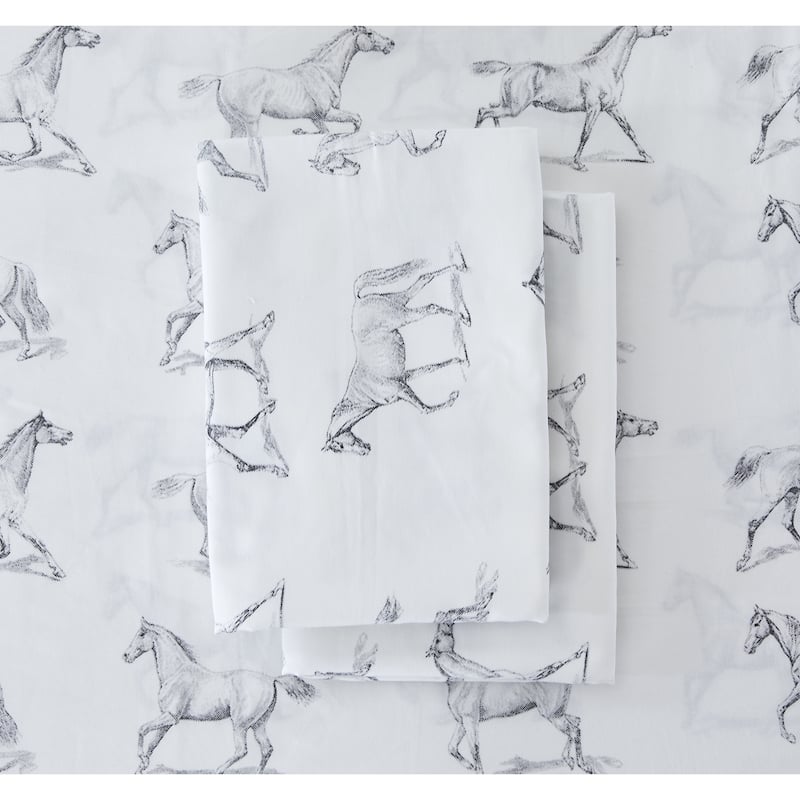 Printed Design Cotton Collection 400TC Pleat Horses Bed Sheet Set - Multi - Full