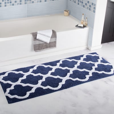 100% Washable Cotton Bathroom Rug - 24x60-Inch Bathmat with Trellis Pattern and Non-Slip Base - by Lavish Home (Navy)