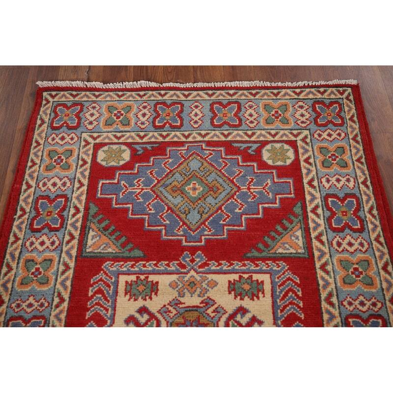 Geometric Red Kazak Accent Rug Handmade Red Wool Carpet - 2'9" x 4'1"