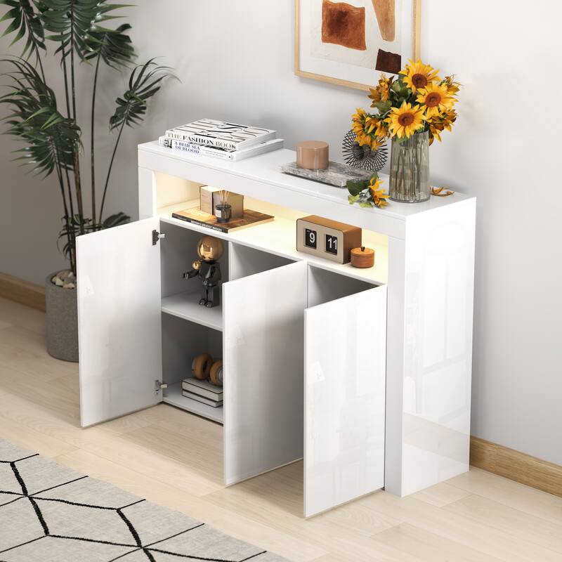 White 51" Modern TV Stand with LED & Doors for Living Room - White