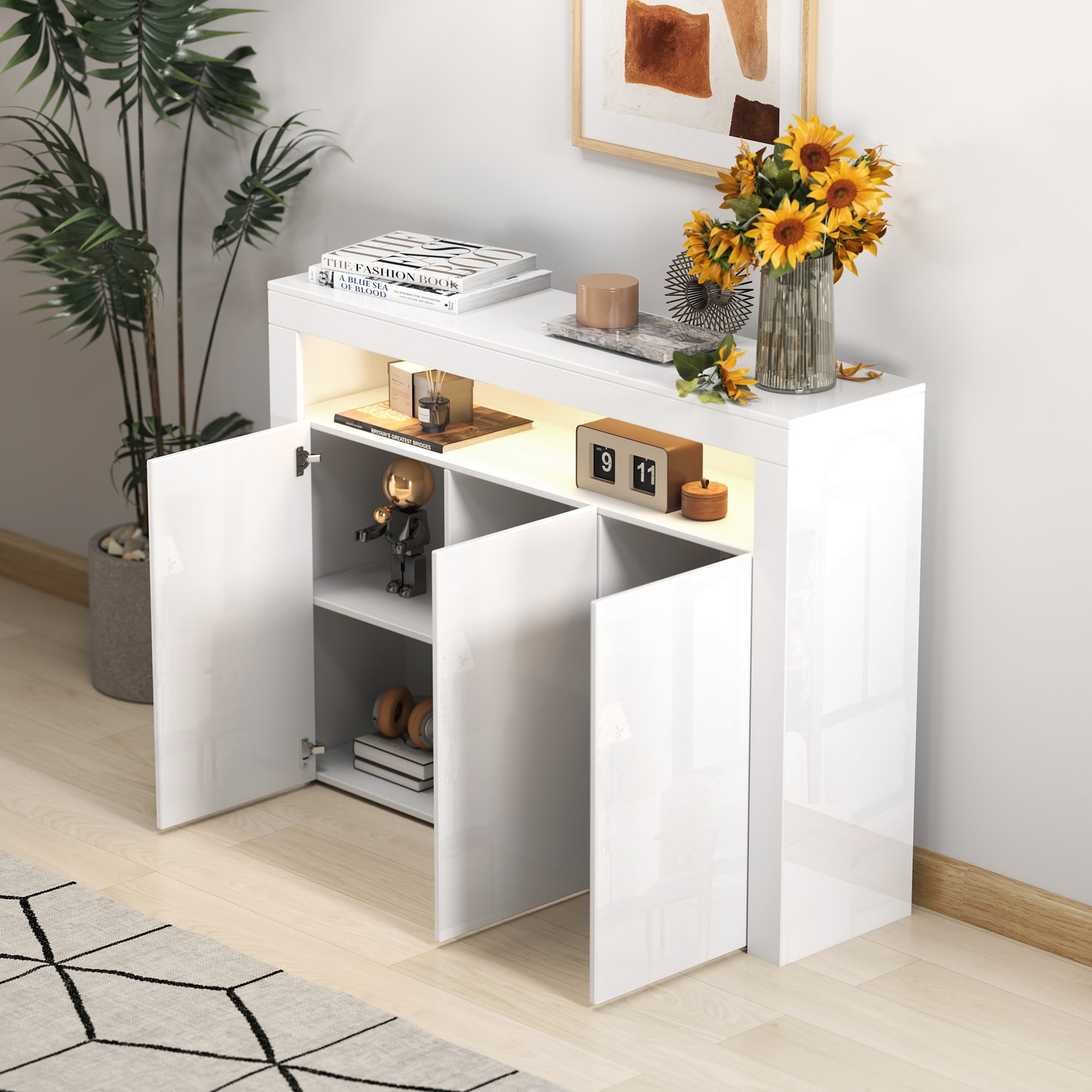 White Sideboard Storage Cabinet Black High Gloss with LED Light