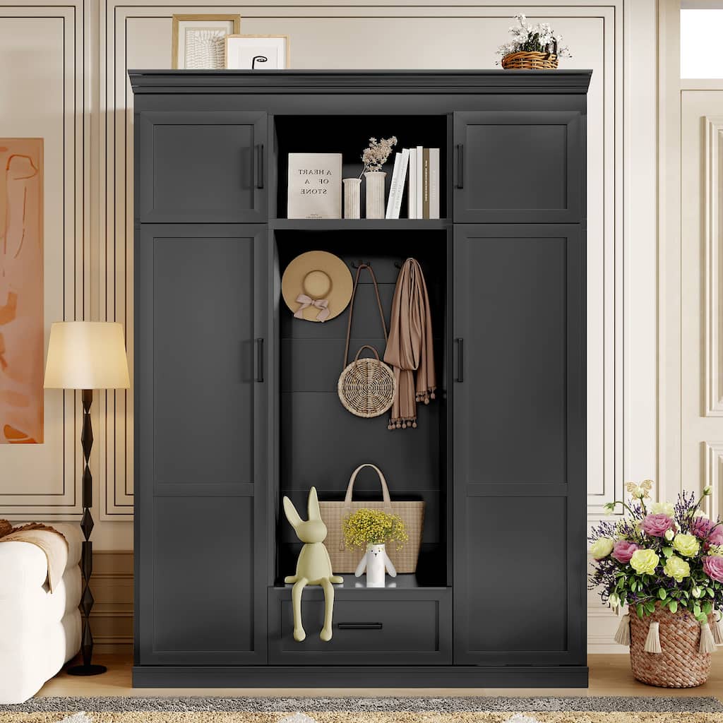 Roomfitters 85.2" Hall Tree with Bench, 3 Hooks, 4 Doors, 1 Drawer and Adjustable Storage Shelves