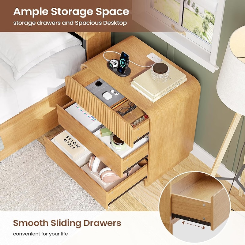 Fluted Nightstand with Charging Station 3 Drawers Dresser End Table