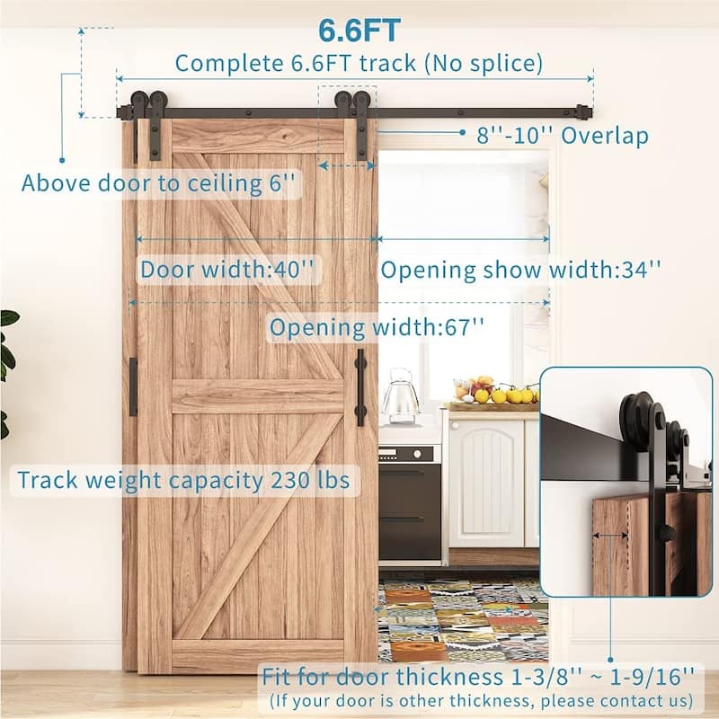 WINSOON 4-18FT Single Track Bypass Sliding Barn Door Hardware Kit for Double Doors I Style Rollers - 6.6FT
