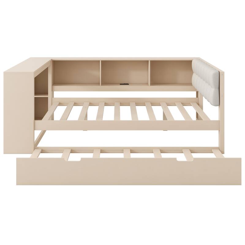 Upholstered Sofa Bed, Wood Daybed, L-shaped Bed Frame with Desk, Shelves, Charging Station, and Optional with Trundle or Drawers