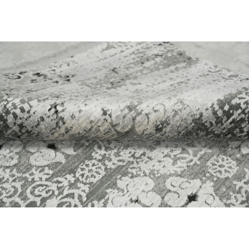 Machine Made Oriental Polyester Carpet Geometric Greys & Charcoal Distressed Area Rug - 7' 5'' X 5' 2''