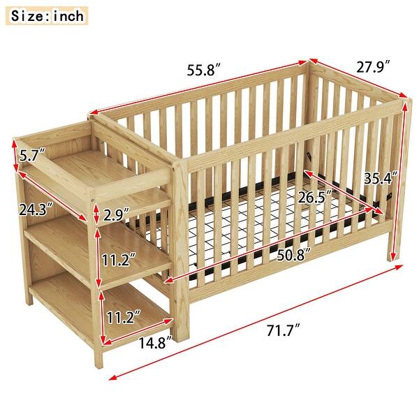 dimension image slide 1 of 3, Convertible Crib/Full Size Bed with Changing Table