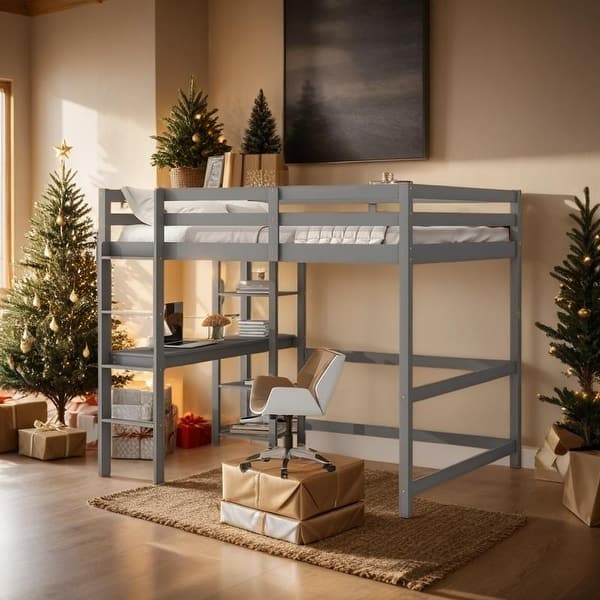 slide 2 of 11, Comprehensive Design Full Loft Bed with built-in desk, Space-saving, Safety and Quality Guaranteed, Stylistic Elements, Grey Grey