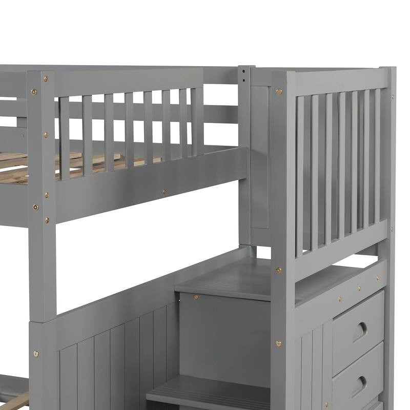 Full over Full Bunk Bed with Twin Trundle, Gray, Storage Drawers, Solid Pine Frame