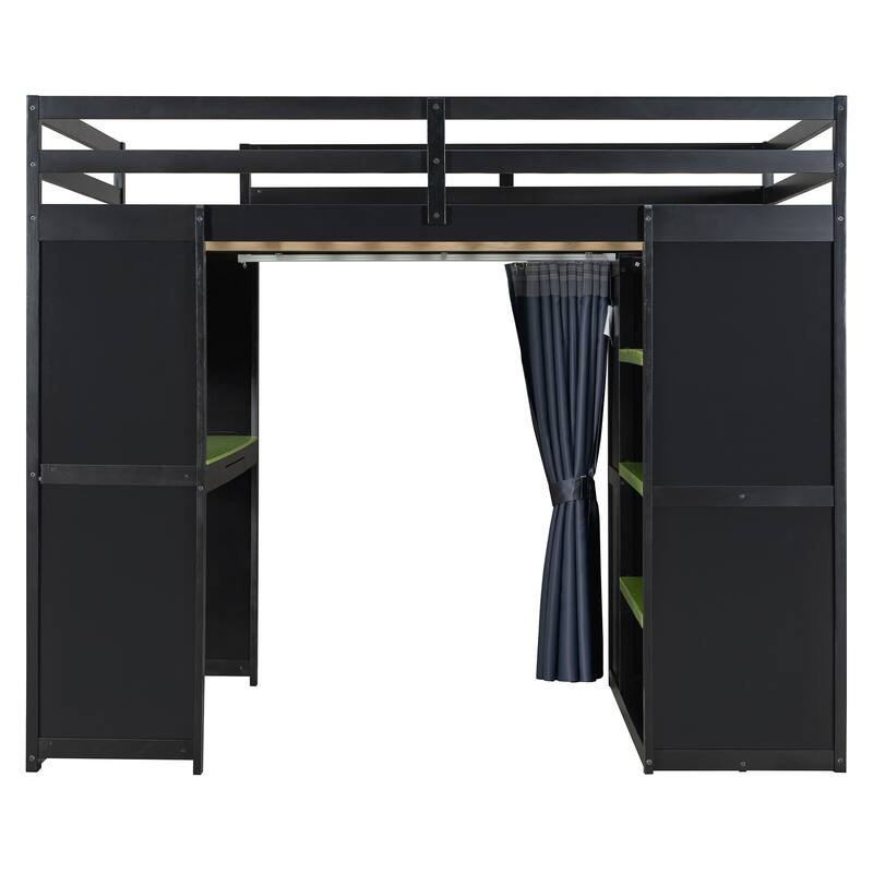 Full Size Wood High Loft Bed, All-in-One Loft Bed Frame with Wardrobe, Shelves, Desk, Charging Station, Curtains and RGB Lights