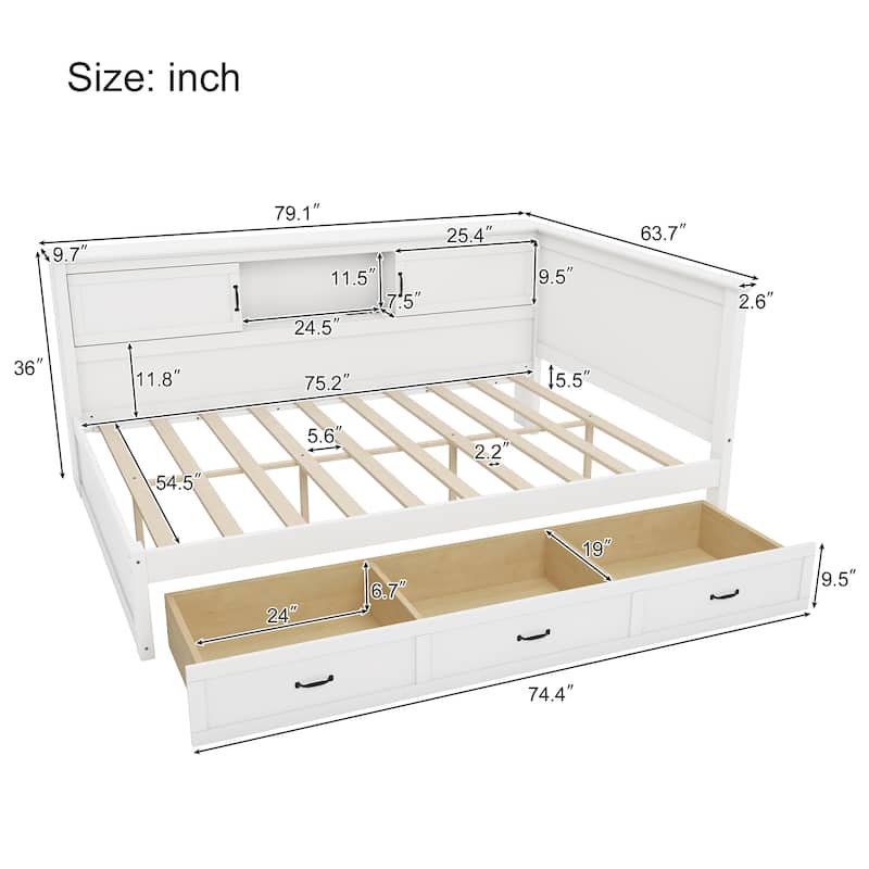 Full Size Daybed Frame Platform Daybed with Storage Bookcase Headboard & 3 Drawers, Recessed Led Downlight & Charging Station