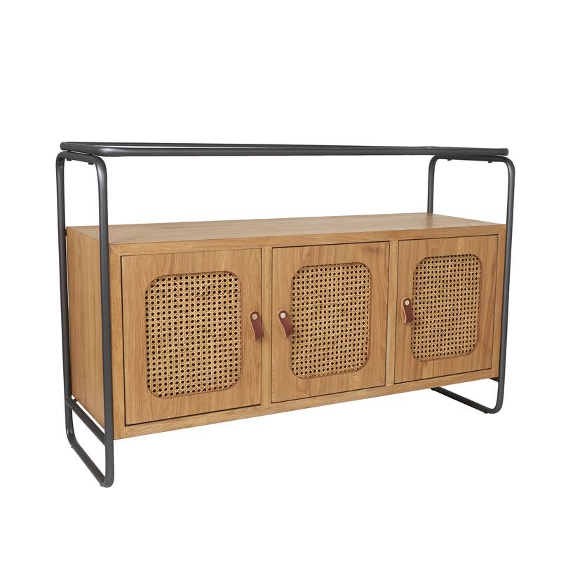 Brown Wooden Living Room Coffee Table with Cane Front Drawers and Gray Metal Frame