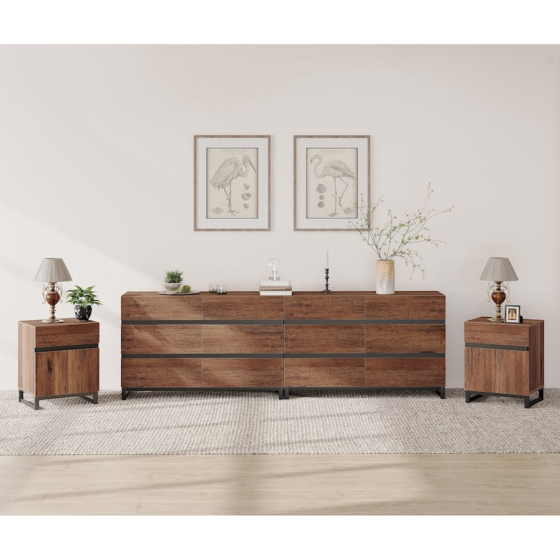 3-Piece Dresser And Nightstand Set,Dresser With 12 Drawers, 2 Nightstand for Bedroom, Bedroom Furniture Set