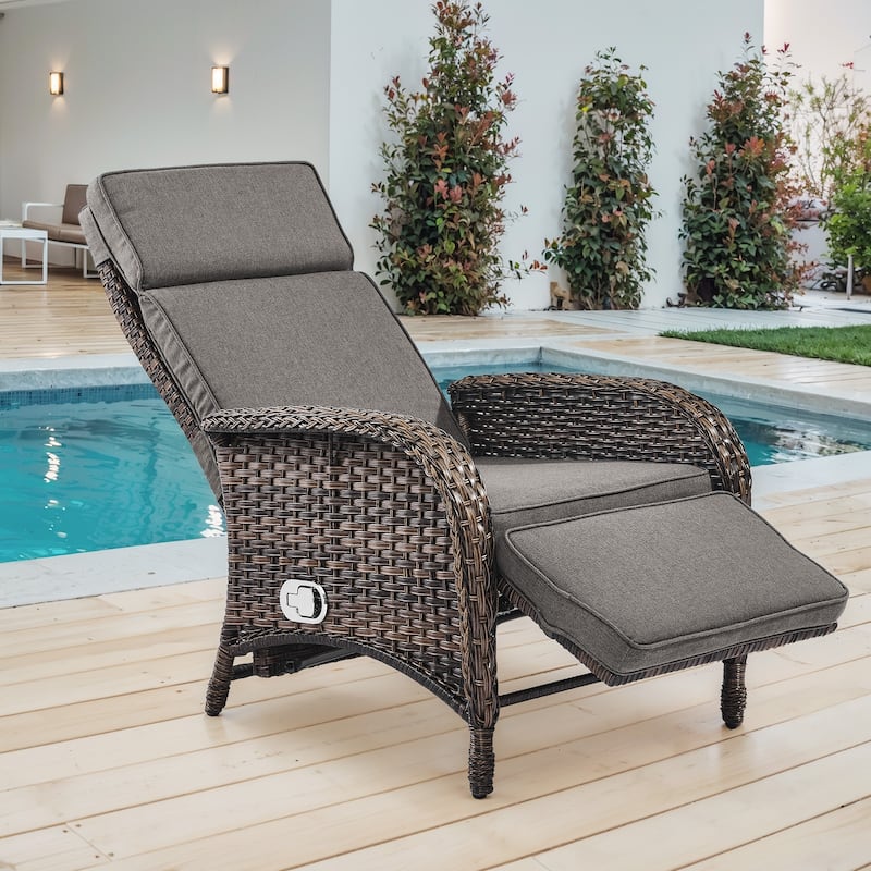 Outdoor Wicker Reclining Lounge Chair Patio Rattan - Brown - Grey