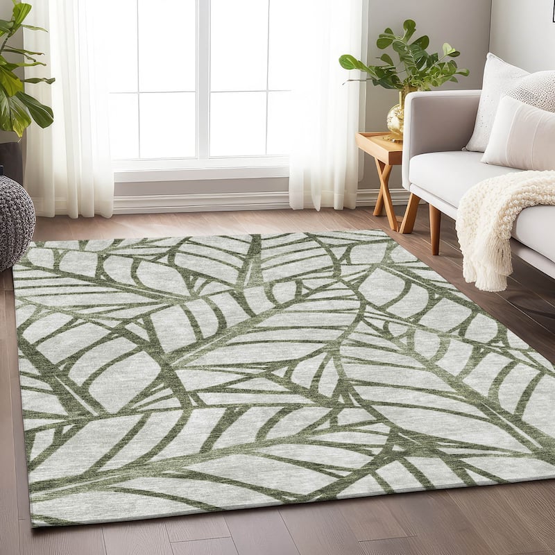 Premium Washable Super Soft Modern Palm Mayfield Rug - Olive - 5' x 7' 6" - Rectangle