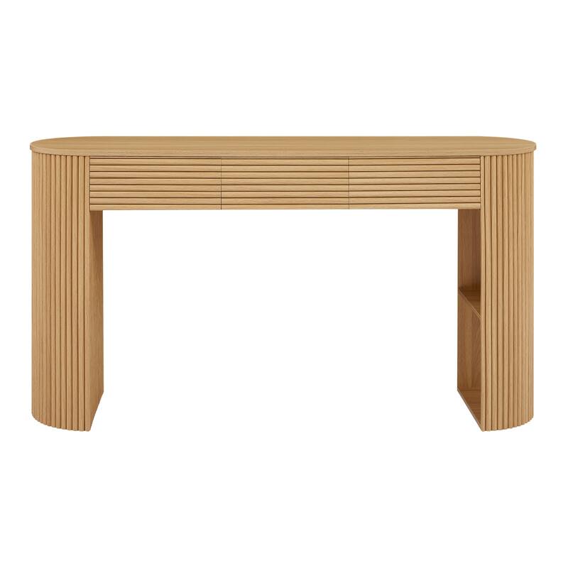 Retro Console Table with Storage, 3 Drawers, 1 Table-Leg Niche, Round Slat Aesthetic, Entryway, Living Room & Hallway