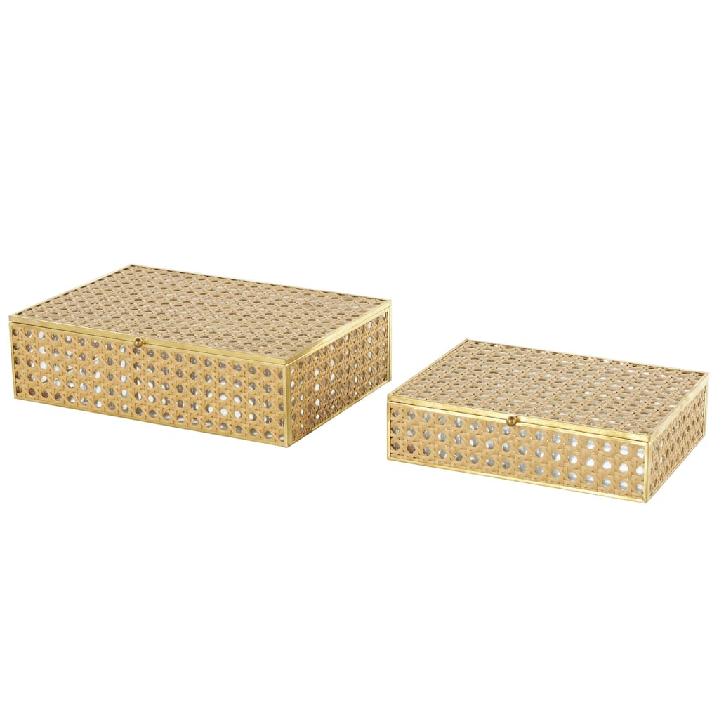 Rattan Woven Decorative Jewelry Box with Glass Panels and Chain Accent - Set of 2 Brown - Roche River Decor