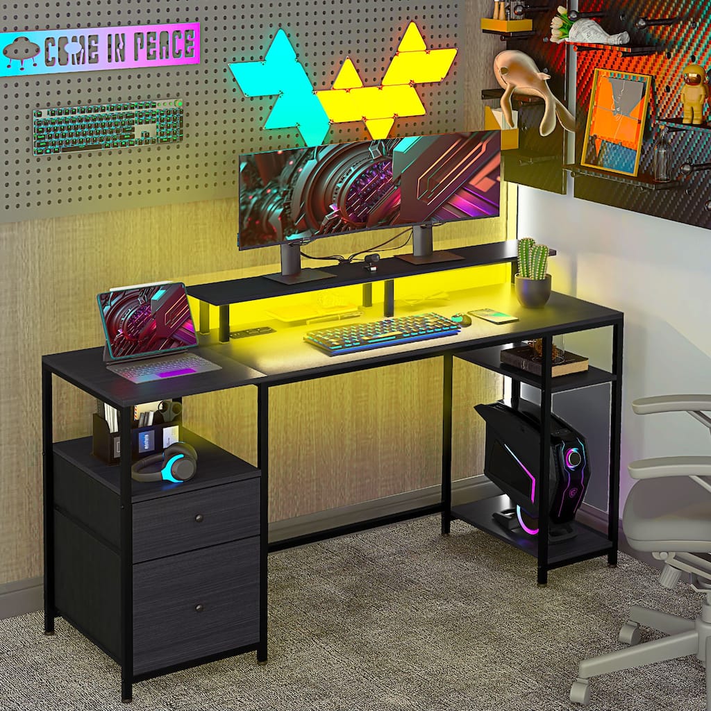 HOMCOM 61" Computer Desk with LED Lights, Power Outlets, and USB Ports, Gaming Desk with Storage Shelves, Monitor Stand