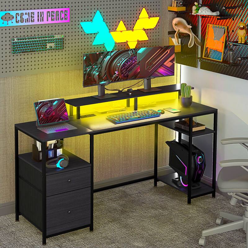 Modern 61" Computer Desk with LED Lights, Power Outlets, USB Ports, Storage Shelves & Fabric Drawers for Home Office
