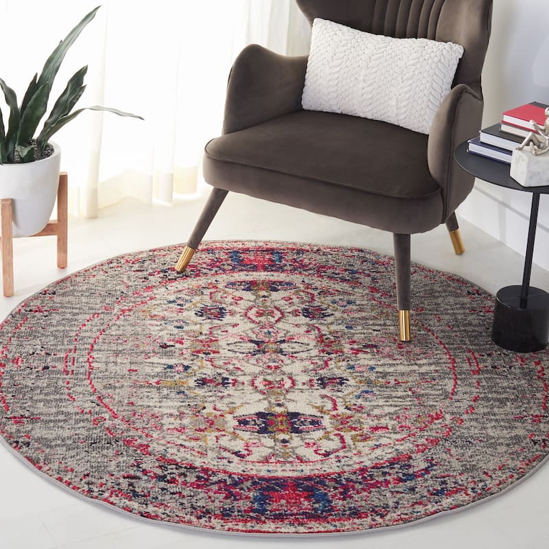 SAFAVIEH Monaco Iginia Distressed Boho Rug - 9' Round - Grey/Ivory