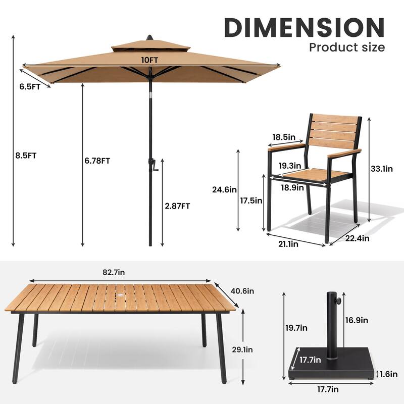 11-Piece Patio Dining Set w/10 ft Umbrella and Base, Rectangle Aluminum Table and 8 Stackable Chairs