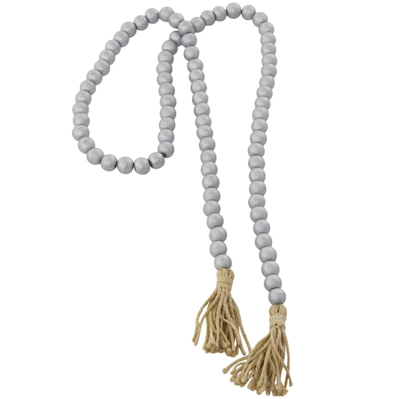 Mango Wood Handmade Round Long Carved Beaded Garland with Tassel - Roche River Decor - Silver - 80"L