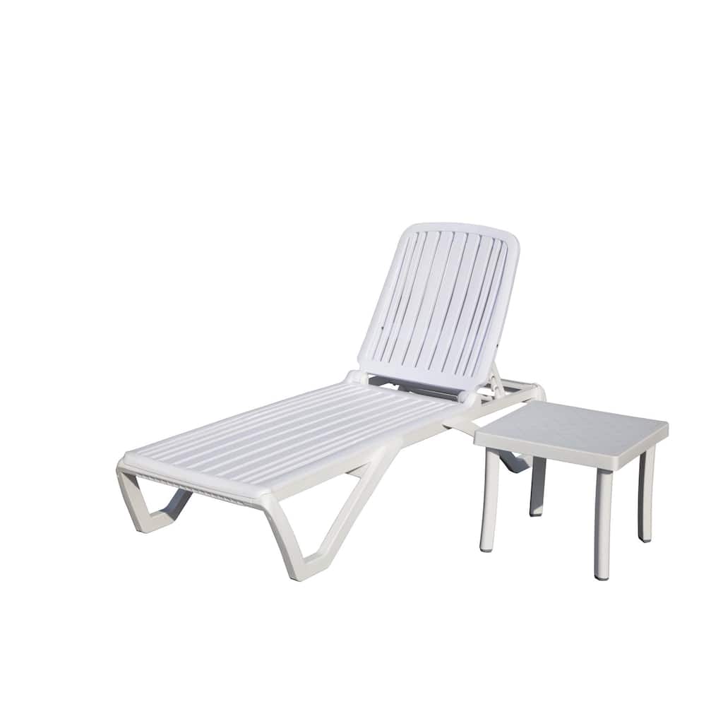 1Pc Outdoor Chaise Lounge Pool Lounge Chair with Table, White
