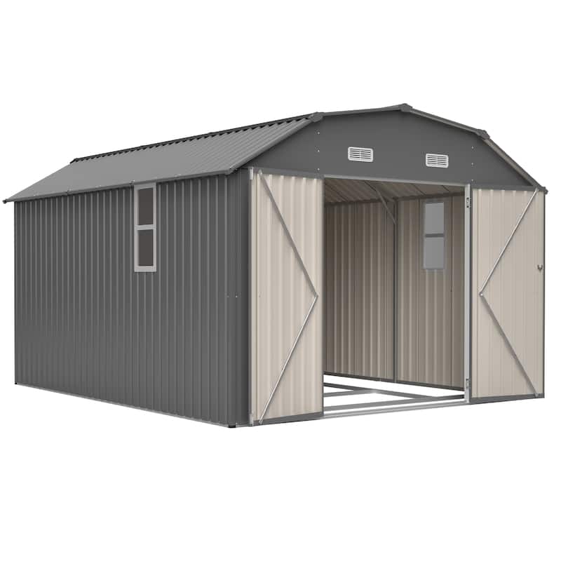 GDFStudio - Large Heavy Duty Rust-Resistant Metal Tool Shed Storage with Floor Frame & Lockable Doors for Easy Access
