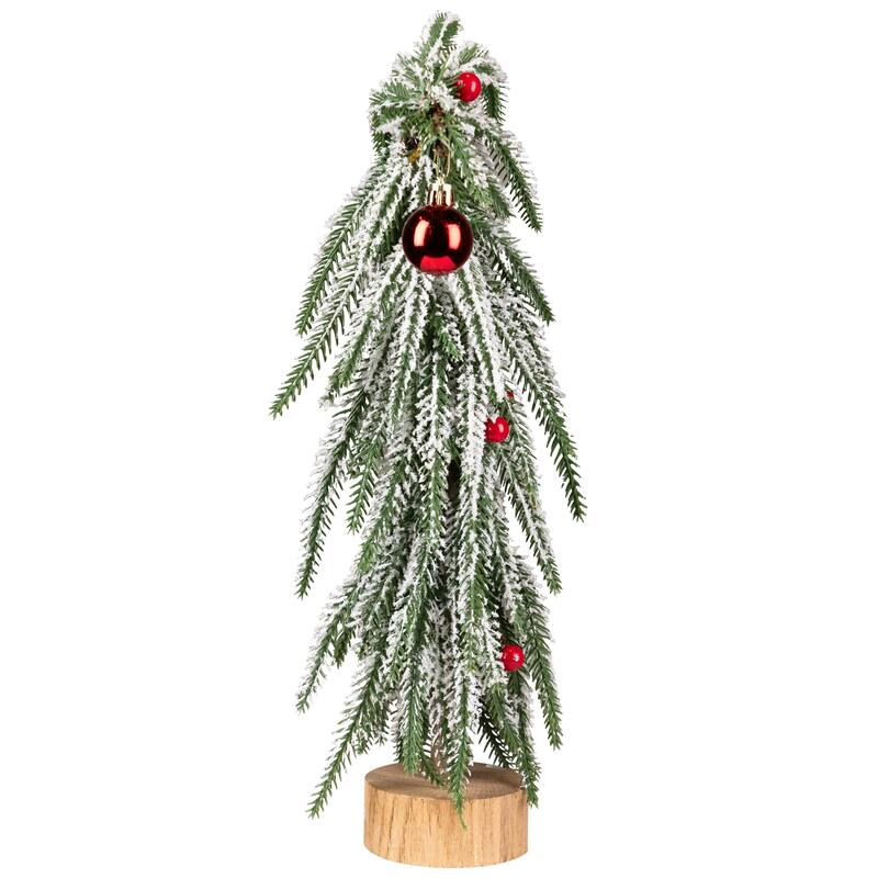 Flocked Curved Artificial Christmas Tree with Red Ornaments - 15"