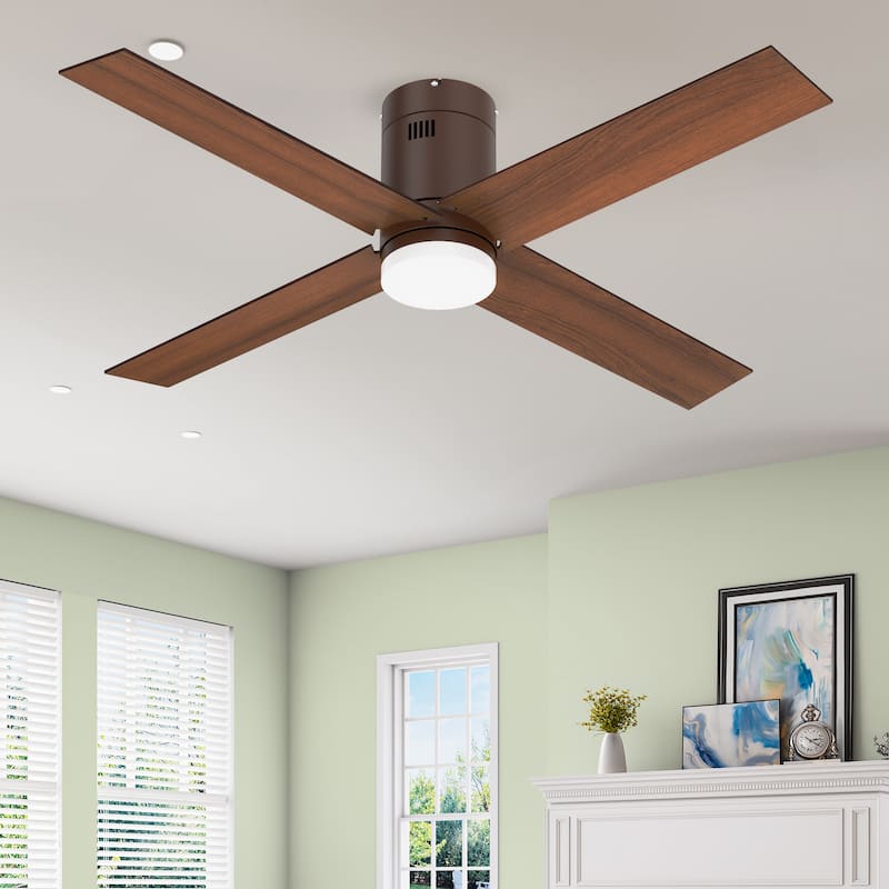 52" Flush Mount Ceiling Fan with Light and Remote, Modern for Indoor DC Motor - Brown