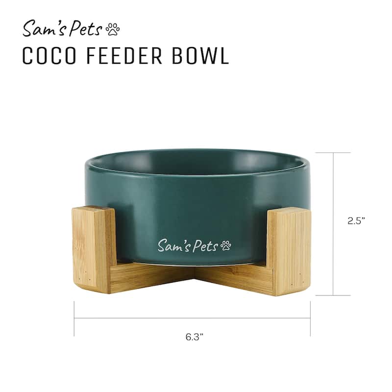Coco Single Pet Bowl with Wood Stand 5.11'' in Green - 6.3