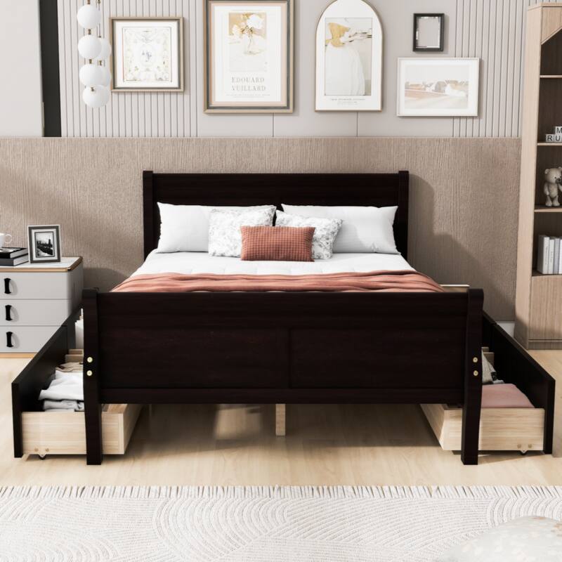 Full Size Wood Platform Bed with 4 Drawers and Streamlined Headboard & Footboard