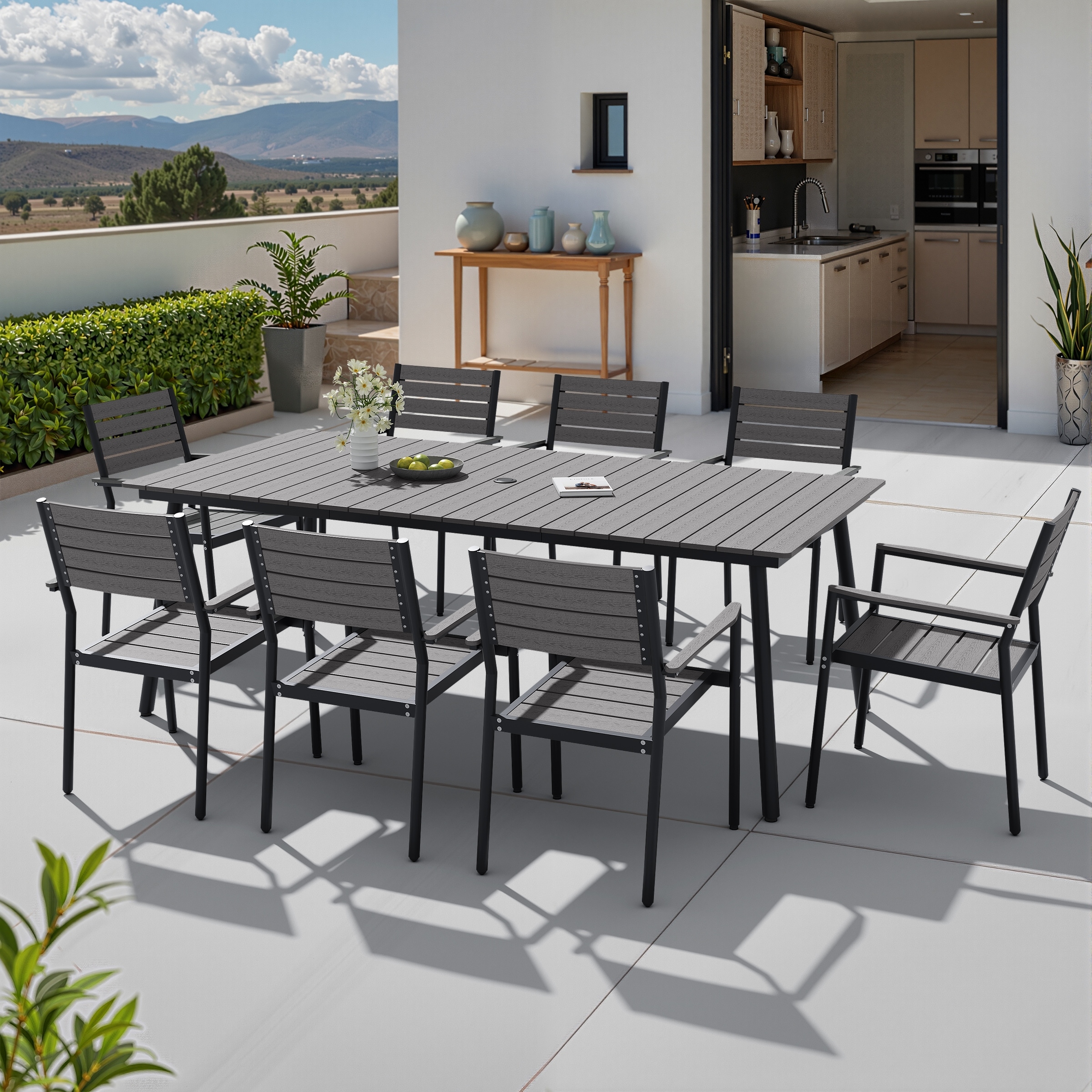 9-Piece Outdoor Patio Dining Set Wood-Like Table Top Aluminum Umbrella Hole Table with Stackable Armrest Chairs