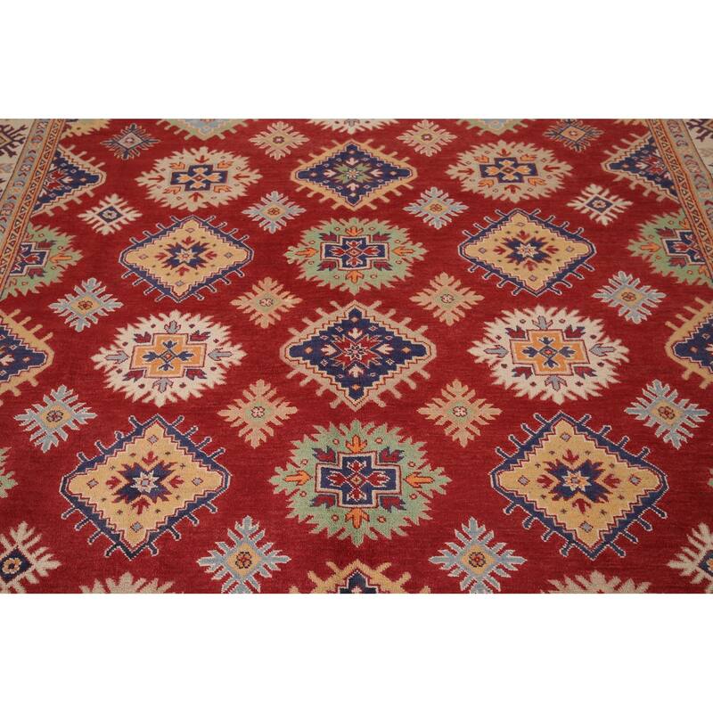 Red Geometric Kazak Area Rug Handmade Wool Carpet - 8'1" x 9'7"