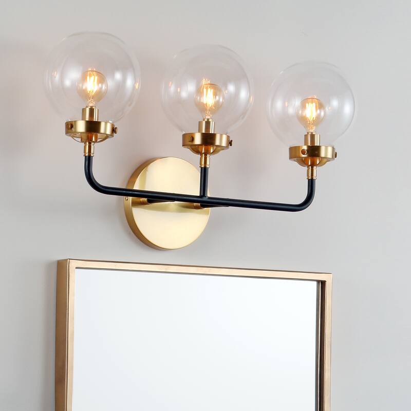 Bevin Contemporary Transitional Iron/Glass LED Vanity Light, by JONATHAN Y - 3-Light - Black/Brass Gold