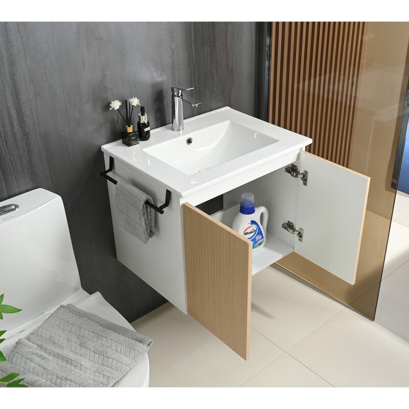 GDFStudio - Adrian Floating Bathroom Vanity with Ceramic Sink and Integrated Towel Rack Storage Cabinet