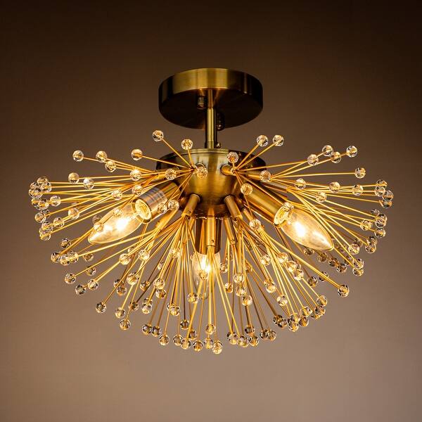 slide 8 of 7, Glam 3-Light Crystal Beaded Glowworm Firefly Sputnik Semi-Flush Mount Ceiling Light In Antique Gold Antique Gold