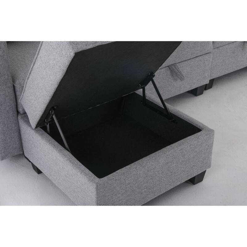 87" Burlap Modular L-Shaped 3-Seater Sectional Sofa with Convertible Chaise Ottoman and Built-in Storage