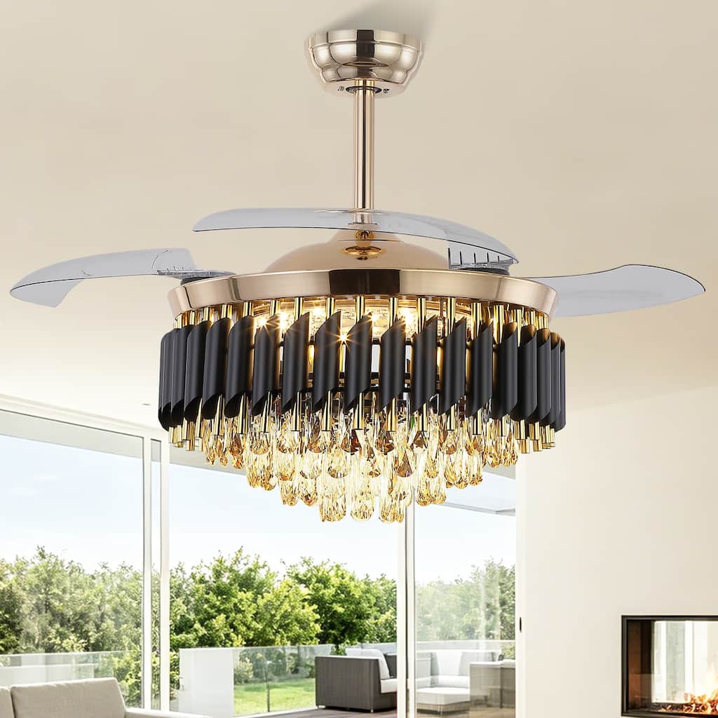 Kviflon 48" Crystal Fandelier Ceiling Fan with Light and Retractable Blades LED Dimmable for Bedroom Living Room - 48 Inches