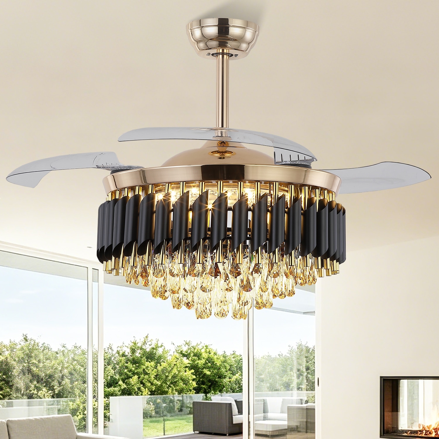 48-Inch Glam Crystal Fandelier with Retractable Blades, 6-Speed DC Motor, Dimmable 3CCT LED and Remote - 48 Inches